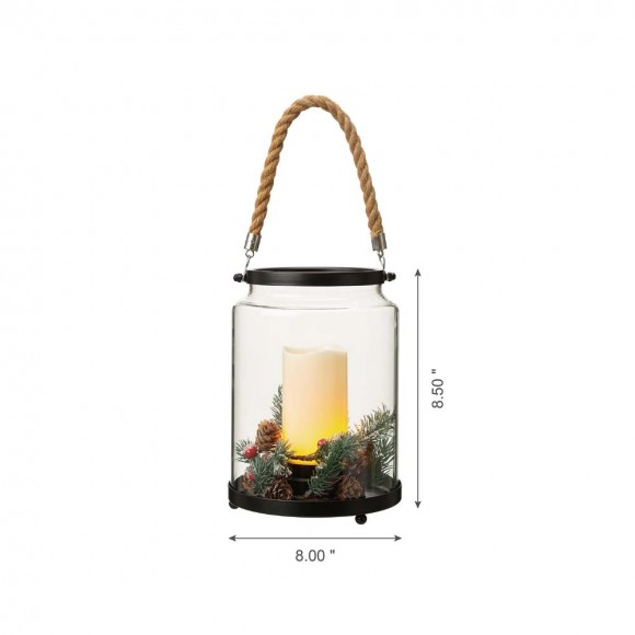 Glitzhome Glitzhome 8.5"H Christmas Greenery Glass Lantern