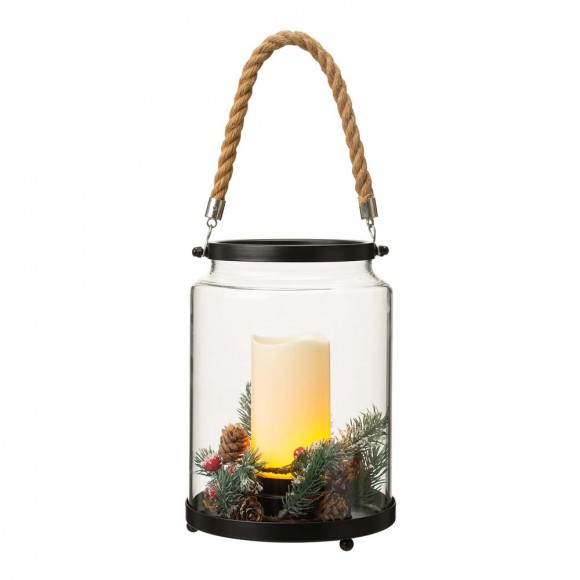 glitzhome Glitzhome 8.5"H Christmas Greenery Glass Lantern