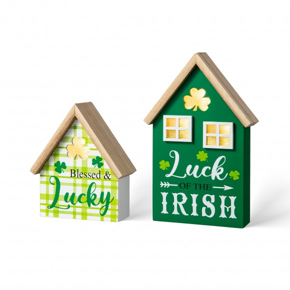 glitzhome Glitzhome 8.5"H Set of 2 Lighted St. Patrick's Wooden House-shaped Table Decor