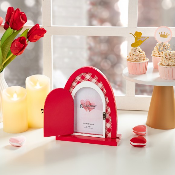 Glitzhome Glitzhome 8.5"H Valentine's Wooden Door-Shaped Photo Frame Table Decor