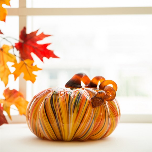 Glitzhome Glitzhome 8.66"D Hand Blown Striped Large Glass Pumpkin Decor