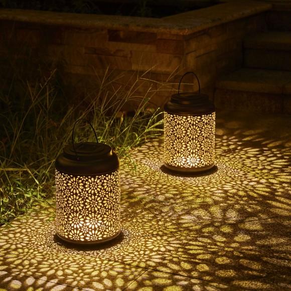 Glitzhome Glitzhome 8.75"H Black Metal Cutout Flower Solar Powered Outdoor Hanging Lantern With LED Light