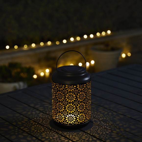 Glitzhome Glitzhome 8.75"H Black Metal Cutout Flower Solar Powered Outdoor Hanging Lantern With LED Light Set Of 2