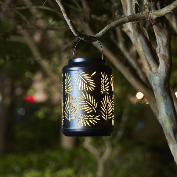 Glitzhome Glitzhome 8.75"H Black Metal Cutout Leaf Solar Powered Outdoor Hanging Lantern With LED Light Set Of 2