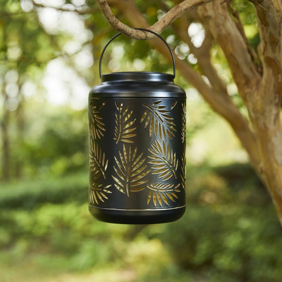 Glitzhome Glitzhome 8.75"H Black Metal Cutout Leaf Solar Powered Outdoor Hanging Lantern With LED Light Set Of 2