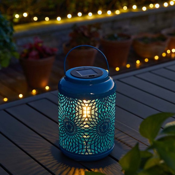 Glitzhome Glitzhome 8.75"H Blue Metal Cutout Solar Powered Outdoor Hanging Lantern