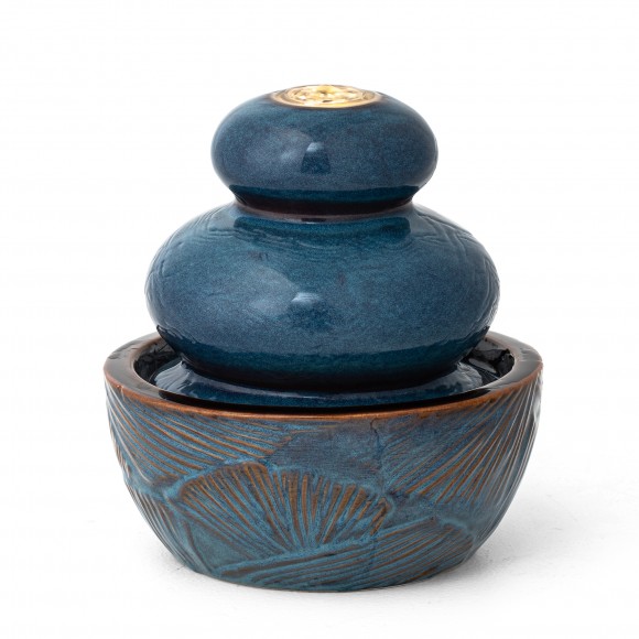 glitzhome Glitzhome 8.75"H Turquoise Leaf Textured Ceramic Tabletop Fountain with Pump and LED light (KD)