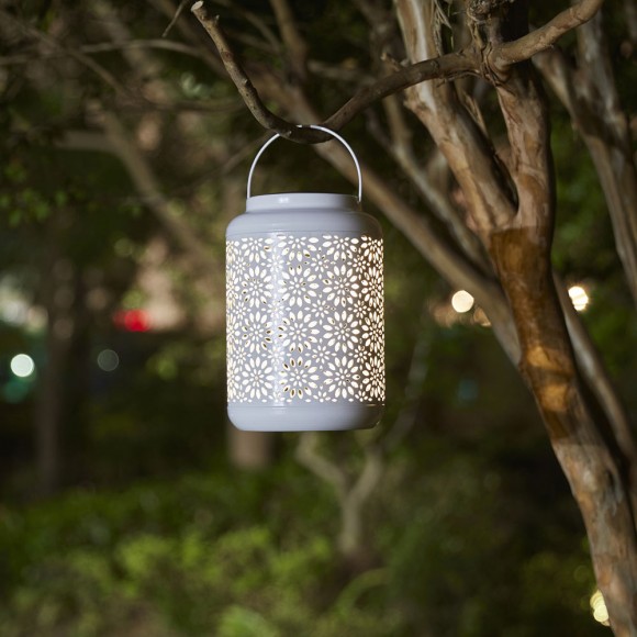 Glitzhome Glitzhome 8.75"H White Metal Cutout Flower Solar Powered Outdoor Hanging Lantern With LED Light