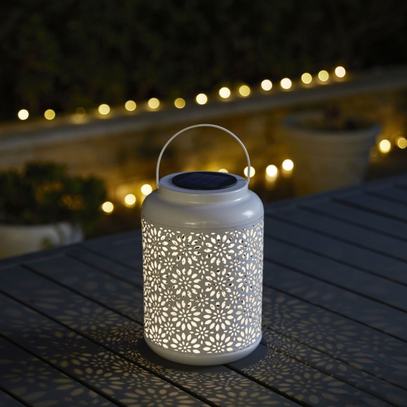 Glitzhome Glitzhome 8.75"H White Metal Cutout Flower Solar Powered Outdoor Hanging Lantern With LED Light Set Of 2