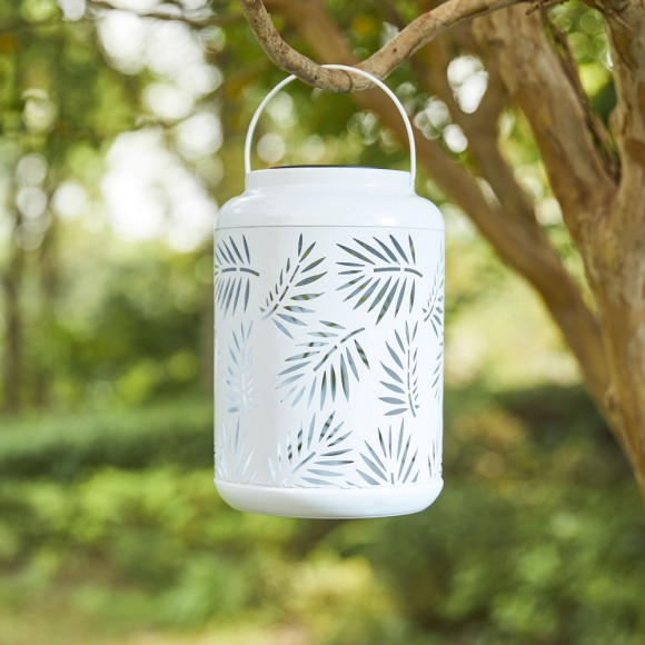 Glitzhome Glitzhome 8.75"H White Metal Cutout Leaf Solar Powered Outdoor Hanging Lantern With LED Light