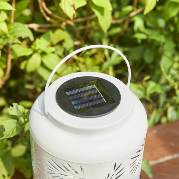 Glitzhome Glitzhome 8.75"H White Metal Cutout Leaf Solar Powered Outdoor Hanging Lantern With LED Light