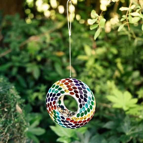 Glitzhome Glitzhome 8"D Glass Round Hanging Multi-Color Mosaic Birdfeeder