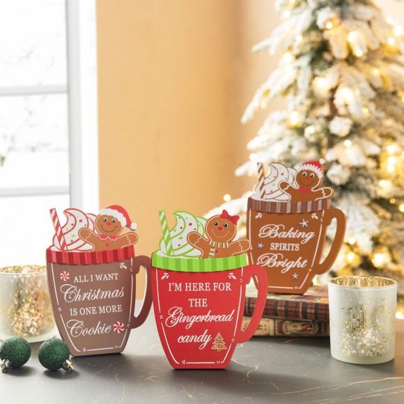 Glitzhome Glitzhome 8"H Set Of 3 Christmas Wooden Gingerbread Man Mug Table Decor