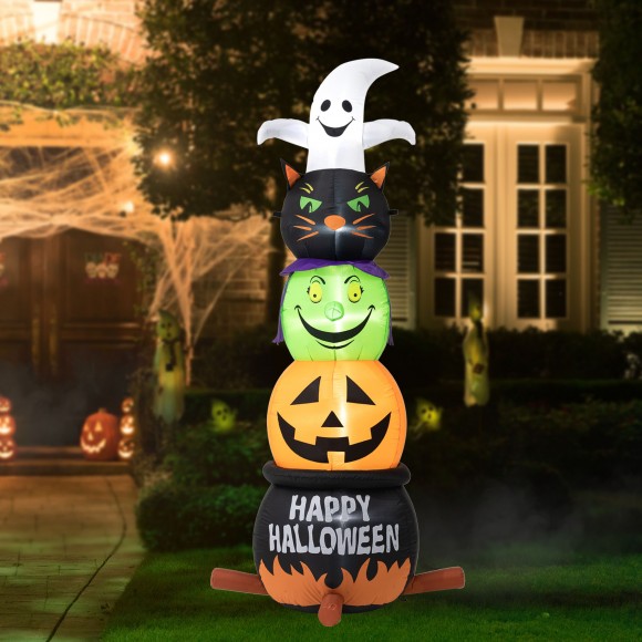 Glitzhome Glitzhome 8ft Lighted Halloween Inflatable Stacked Ghost Black Cat Witch & Pumpkin Decor