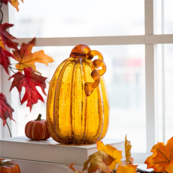 Glitzhome Glitzhome 9.06"H Hand Blown Tall Amber Crackle Glass Pumpkin Decor