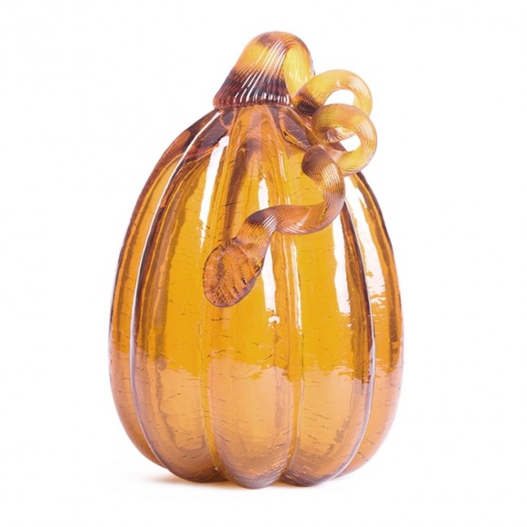 glitzhome Glitzhome 9.06"H Hand Blown Tall Amber Crackle Glass Pumpkin Decor