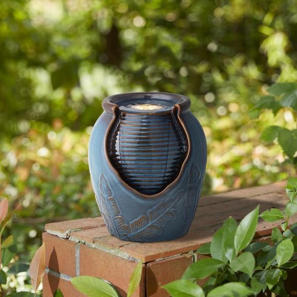 Glitzhome Glitzhome 9.25"H Turquoise Leaf Textured Ceramic Jar Tabletop Fountain With Pump And LED Light (KD)