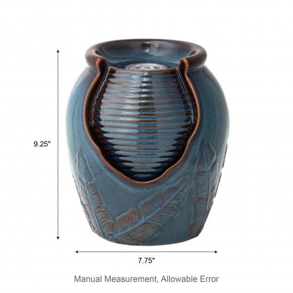 Glitzhome Glitzhome 9.25"H Turquoise Leaf Textured Ceramic Jar Tabletop Fountain With Pump And LED Light (KD)