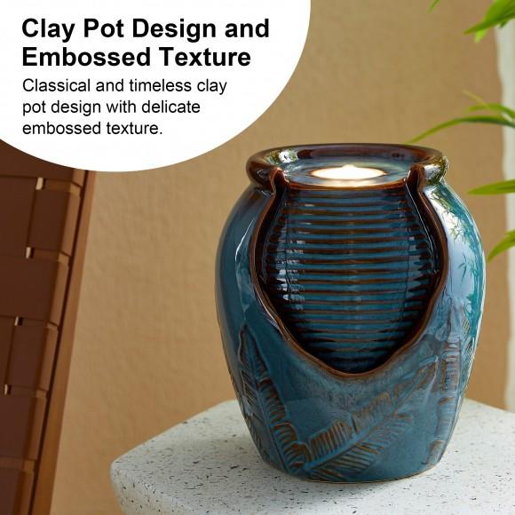 Glitzhome Glitzhome 9.25"H Turquoise Leaf Textured Ceramic Jar Tabletop Fountain With Pump And LED Light (KD)