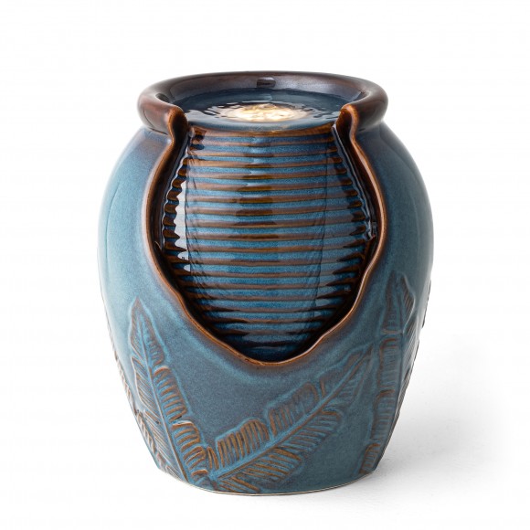 glitzhome Glitzhome 9.25"H Turquoise Leaf Textured Ceramic Jar Tabletop Fountain with Pump and LED light (KD)