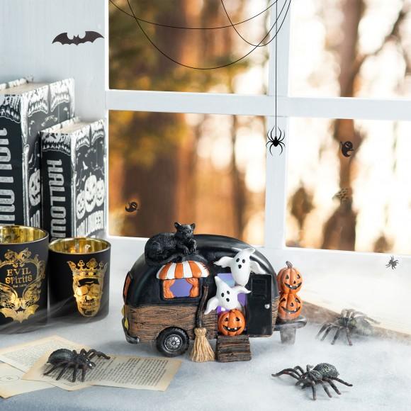 Glitzhome Glitzhome 9.25"L Halloween Polyresin Lighted Camper W/Ghost& Pumpkin&Black Cat Table Decor