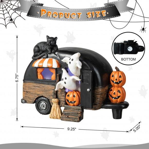 Glitzhome Glitzhome 9.25"L Halloween Polyresin Lighted Camper W/Ghost& Pumpkin&Black Cat Table Decor