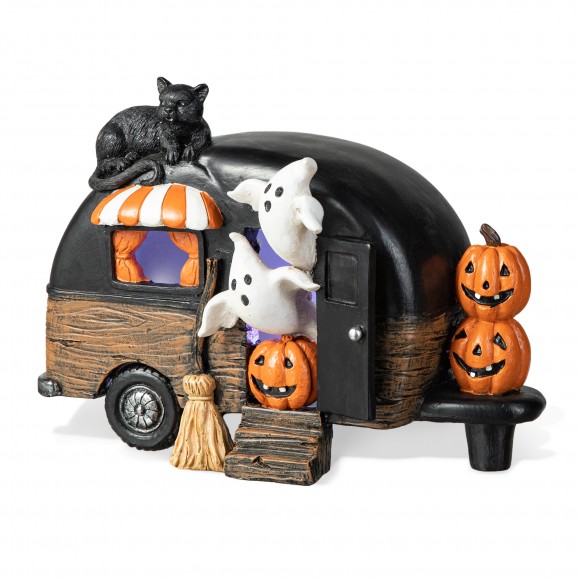 glitzhome Glitzhome 9.25"L Halloween Polyresin Lighted Camper W/Ghost& Pumpkin&Black Cat Table Decor