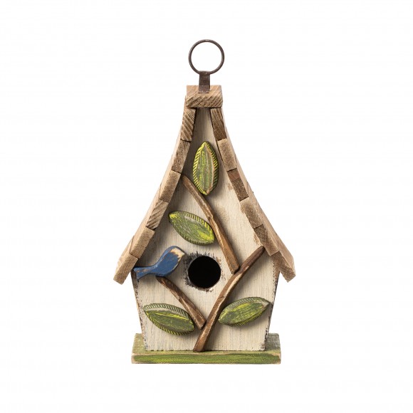 Glitzhome Glitzhome 9.5"H Washed White Distressed Solid Wood Decorative Outdoor Garden Birdhouse With Natural Wood Pallet Roof And 3D Tree