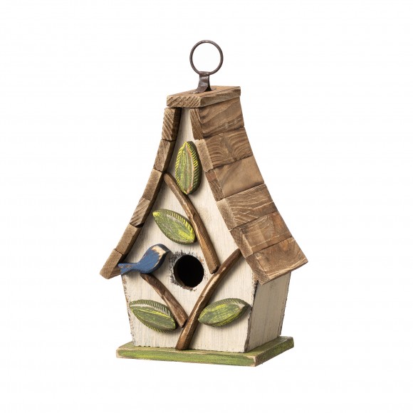 glitzhome Glitzhome 9.5"H Washed White Distressed Solid Wood Decorative Outdoor Garden Birdhouse with Natural Wood Pallet Roof and 3D Tree