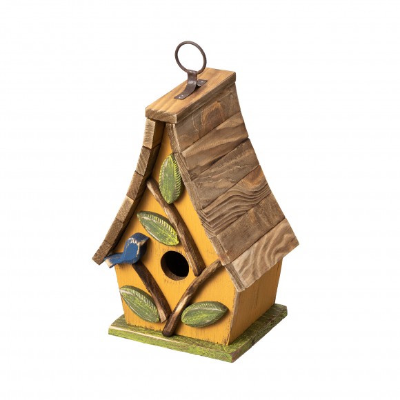 Glitzhome Glitzhome 9.5"H Washed Yellow Distressed Solid Wood Decorative Outdoor Garden Birdhouse With Natural Wood Pallet Roof
