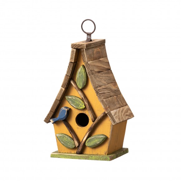 glitzhome Glitzhome 9.5"H Washed Yellow Distressed Solid Wood Decorative Outdoor Garden Birdhouse with Natural Wood Pallet Roof