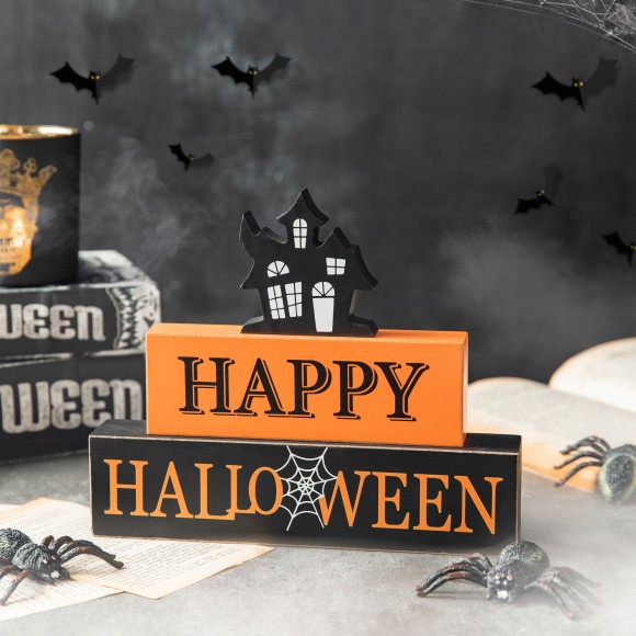 Glitzhome Glitzhome 9.5"L Happy Halloween Wooden Haunted House Block Sign