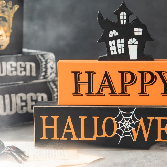 Glitzhome Glitzhome 9.5"L Happy Halloween Wooden Haunted House Block Sign