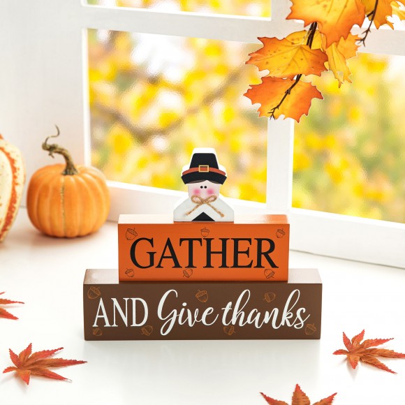 Glitzhome Glitzhome 9.5"L Thanksgiving Wooden Pilgrim Table Block Sign