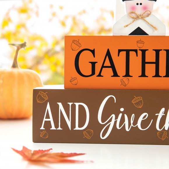 Glitzhome Glitzhome 9.5"L Thanksgiving Wooden Pilgrim Table Block Sign
