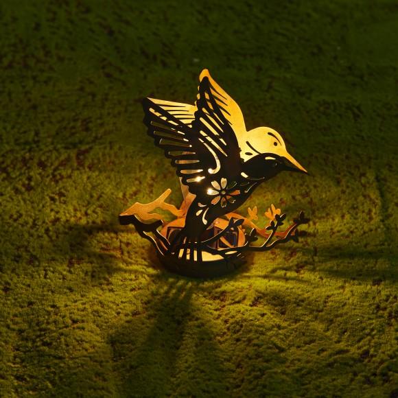 Glitzhome Glitzhome 9.75"H Black And Gold Metal Cutout Flying Hummingbird Silhouette Solar Powered Edison Bulb Outdoor Lantern