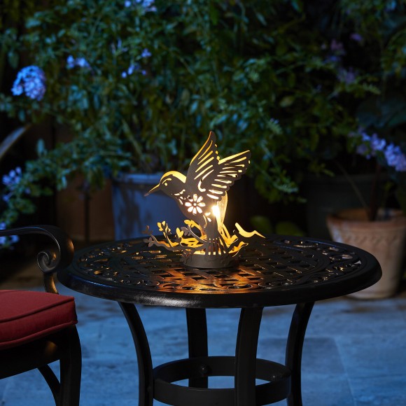 Glitzhome Glitzhome 9.75"H Black And Gold Metal Cutout Flying Hummingbird Silhouette Solar Powered Edison Bulb Outdoor Lantern