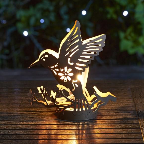 Glitzhome Glitzhome 9.75"H Black And Gold Metal Cutout Flying Hummingbird Silhouette Solar Powered Edison Bulb Outdoor Lantern