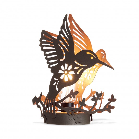 glitzhome Glitzhome 9.75"H Black and Gold Metal Cutout Flying Hummingbird Silhouette Solar Powered Edison Bulb Outdoor Lantern