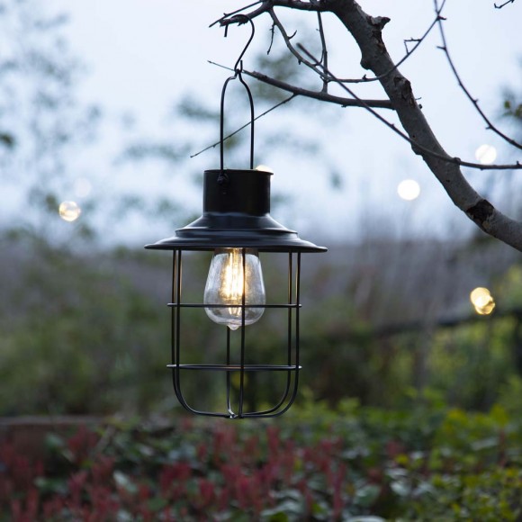 Glitzhome Glitzhome 9.75"H Farmhouse Black Metal Wire Solar Powered Outdoor Hanging Lantern