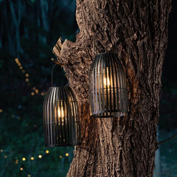 Glitzhome Glitzhome 9.75"H Set Of 2 Black Metal Stripes Solar Powered Edison Bulb Outdoor Hanging Lantern