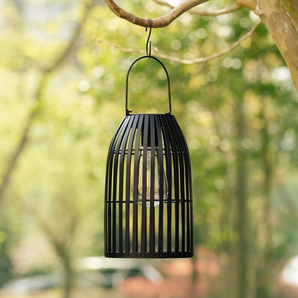 Glitzhome Glitzhome 9.75"H Set Of 2 Black Metal Stripes Solar Powered Edison Bulb Outdoor Hanging Lantern