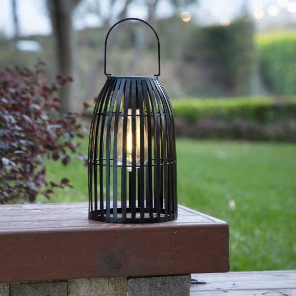 Glitzhome Glitzhome 9.75"H Set Of 2 Black Metal Stripes Solar Powered Edison Bulb Outdoor Hanging Lantern