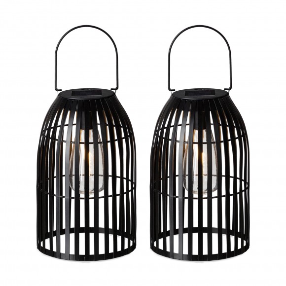 glitzhome Glitzhome 9.75"H Set of 2 Black Metal Stripes Solar Powered Edison Bulb Outdoor Hanging Lantern