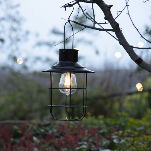 Glitzhome Glitzhome 9.75"H Set Of 2 Industrial-Style Black Metal Wire Solar Powered Edison Bulb Outdoor Hanging Lantern
