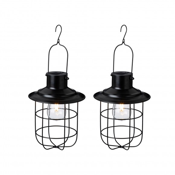 glitzhome Glitzhome 9.75"H Set of 2 Industrial-Style Black Metal Wire Solar Powered Edison Bulb Outdoor Hanging Lantern
