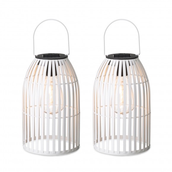 glitzhome Glitzhome 9.75"H Set of 2 White Metal Stripes Solar Powered Edison Bulb Outdoor Hanging Lantern