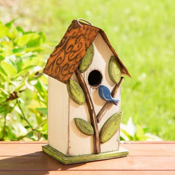 Glitzhome Glitzhome 9.75"H Washed White Distressed Solid Wood Birdhouse With 3D Tree And Bird