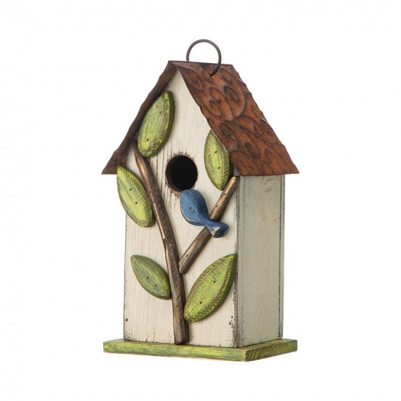 glitzhome Glitzhome 9.75"H Washed White Distressed Solid Wood Birdhouse with 3D Tree and Bird