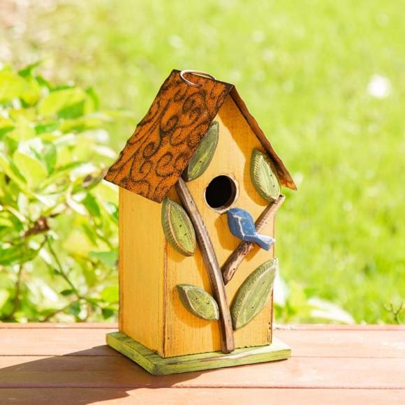 Glitzhome Glitzhome 9.75"H Washed Yellow Distressed Solid Wood Birdhouse With 3D Tree And Bird